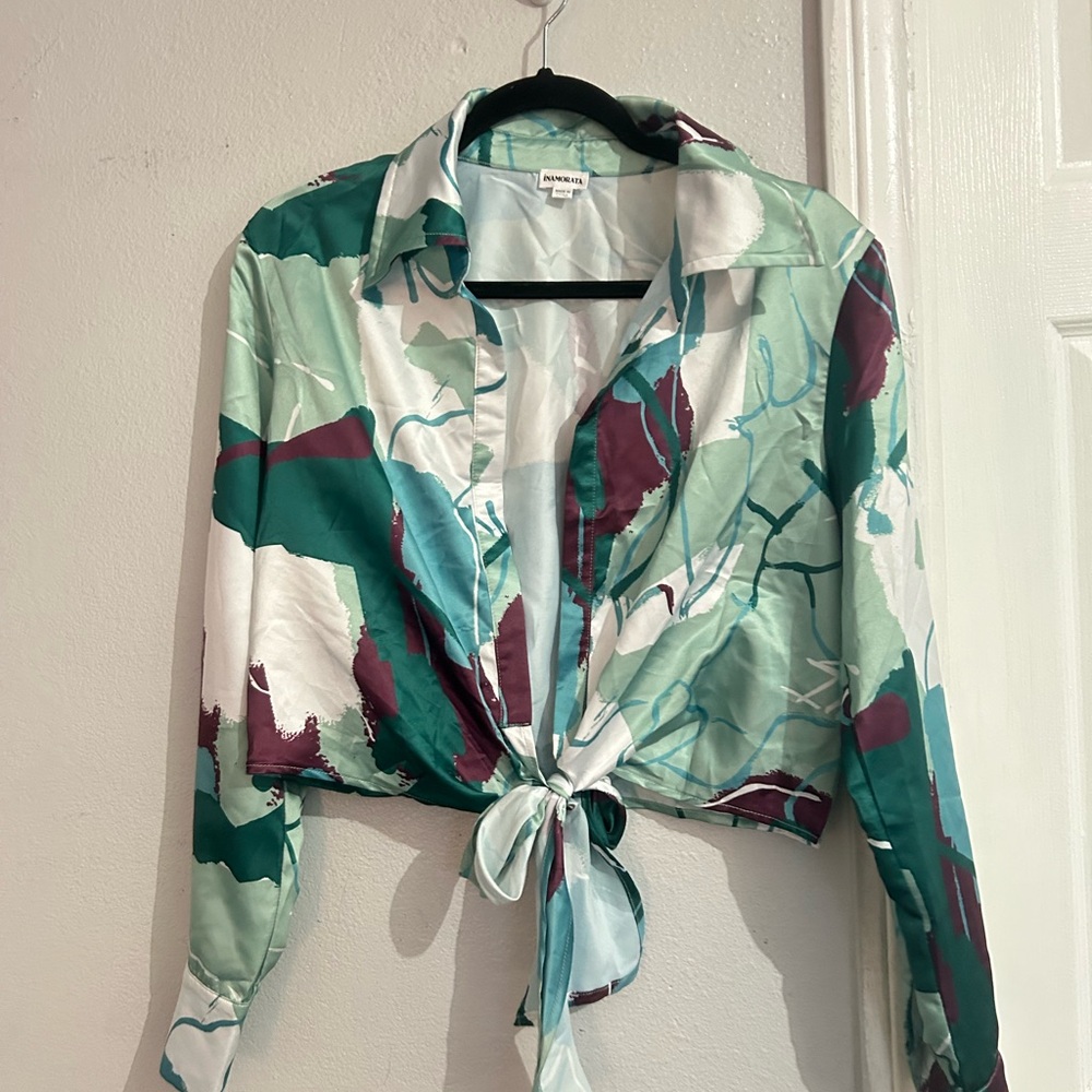 iNAMORATA Abstract Tie-Front Shirt - Teal and Burgundy